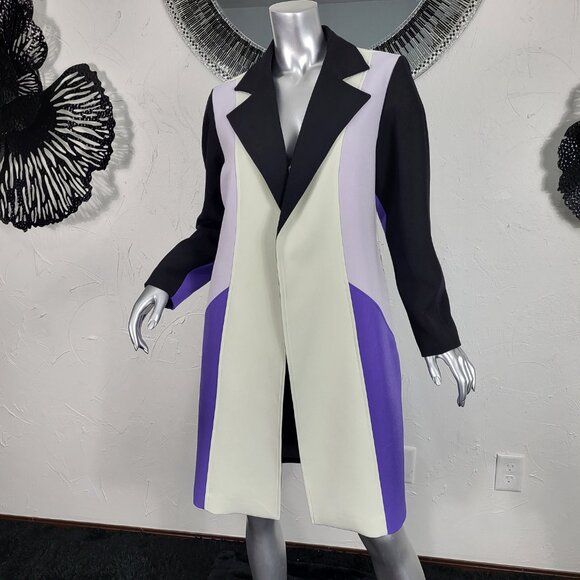 NWT~$695~TOCCIN~SZ S~STUNNING PURPLE BLACK BELTED COLORBLOCK TRENCH COAT JACKET - Picture 5 of 16